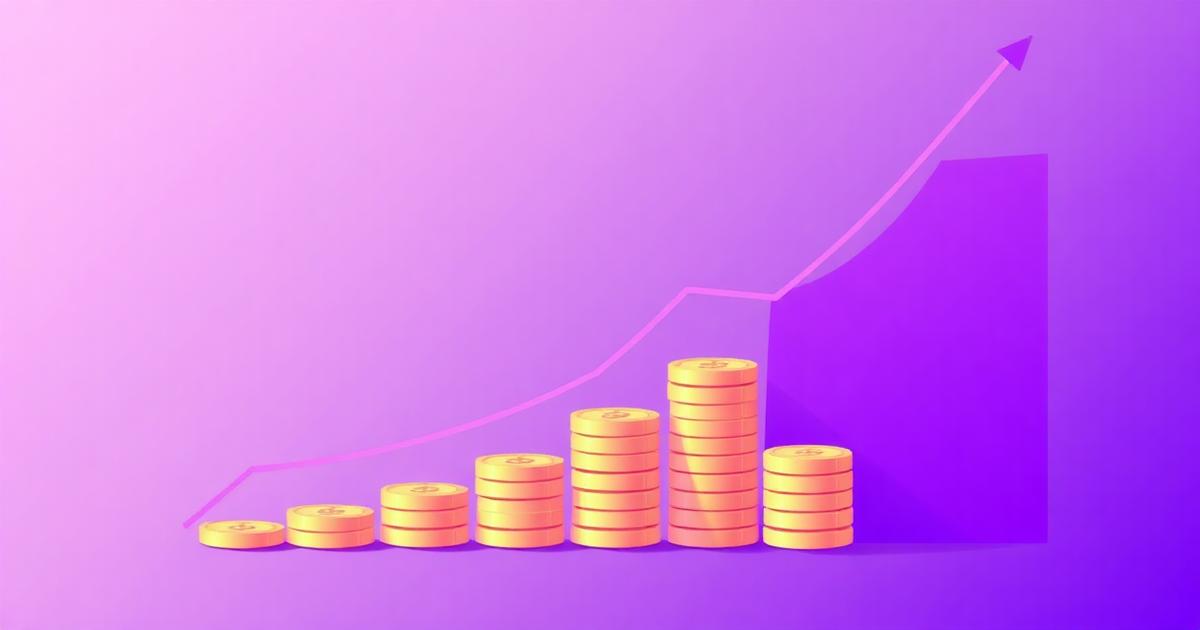 Illustration of rising coin stacks and a growth arrow on a purple background